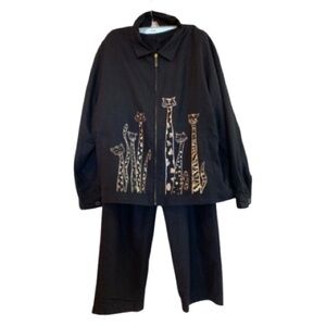 VINTAGE ABBY & FRIENDS Pantsuit Washable Silk Feline Embroidered Black XL EUC